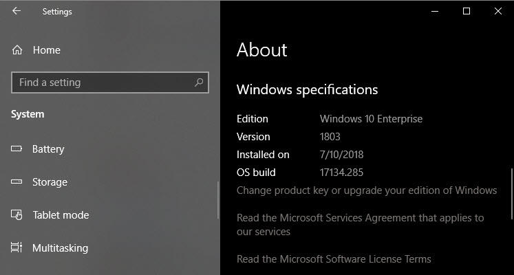 Screen shot of Settings Menu
