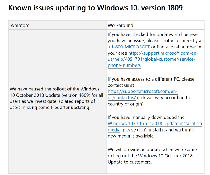 screen shot of notice of issues on Microsoft's website