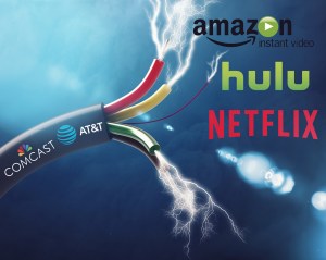 image of a smoking cable cord and the amazon, hulu and netflix logos